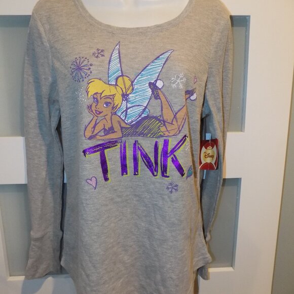 Disney Tinkerbell "TINK" Gray LS Thermal Shirt Size L Women's NEW - Picture 1 of 3
